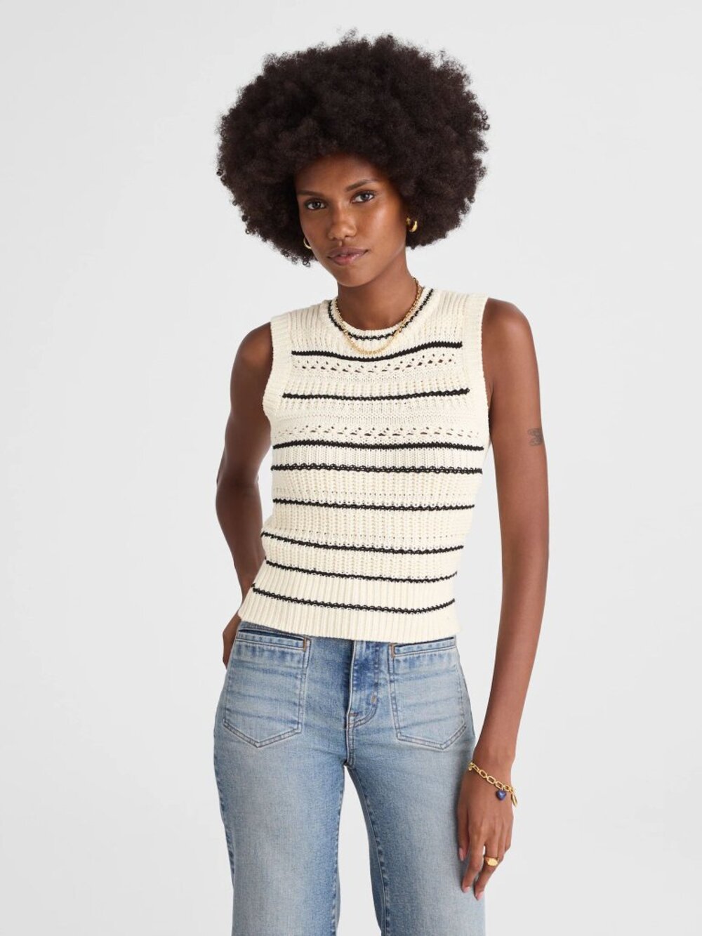 Madewell Striped Sweater Vest in 100% Cotton Jet Black Stripe medium